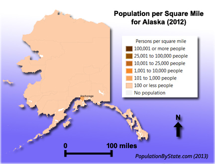 Map of Alaska by population density per square mile.